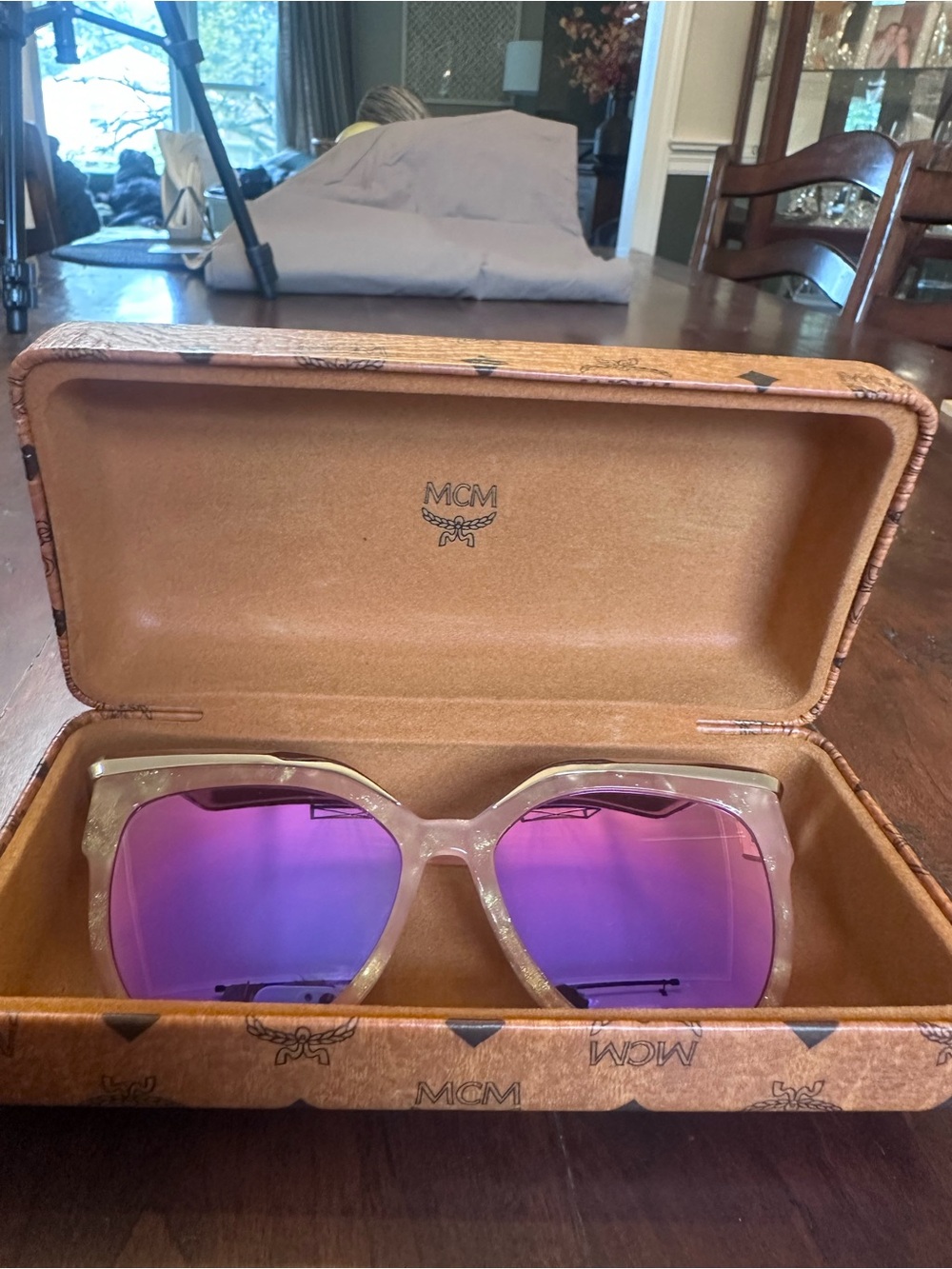 MCM Clear Frame Sunglasses with Purple Mirrored Lenses